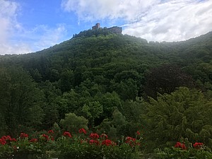View of Burg Trifels (castle ruins) from the terrace of Kurhaus Trifels
